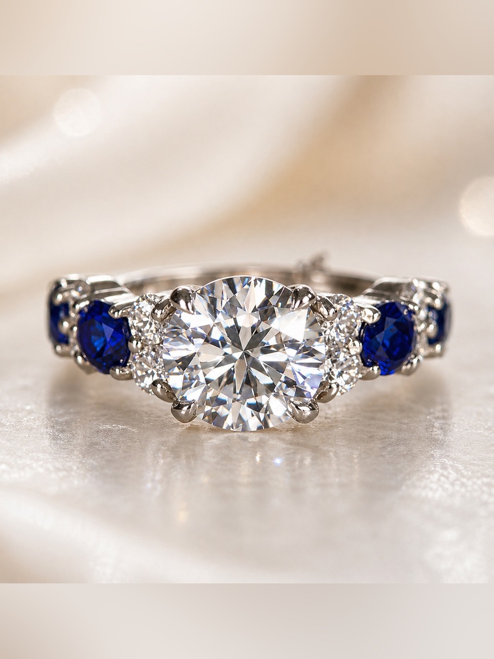 Moissanite Sapphire Ring 3ct + Sapphires Side Stones Engagement Ring